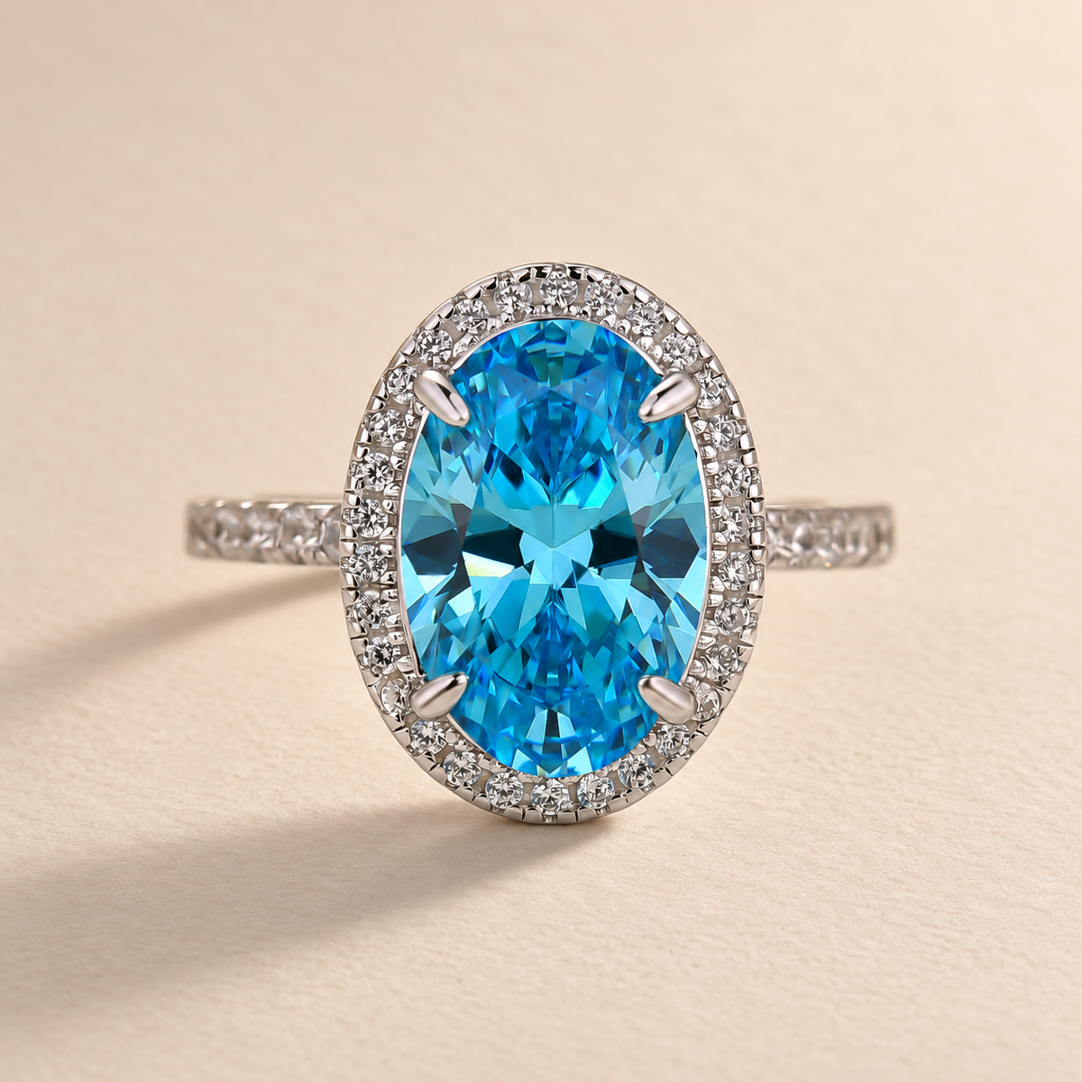 Vintage 4.0 Ct Halo Oval Cut Blue Stone Engagement Ring For Women In Sterling Silver