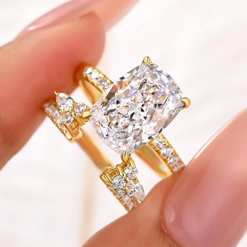 S925 2PC 4.5Ct Cushion Cut Engagement Ring & Enhancer Wedding Band For Everyday Wear