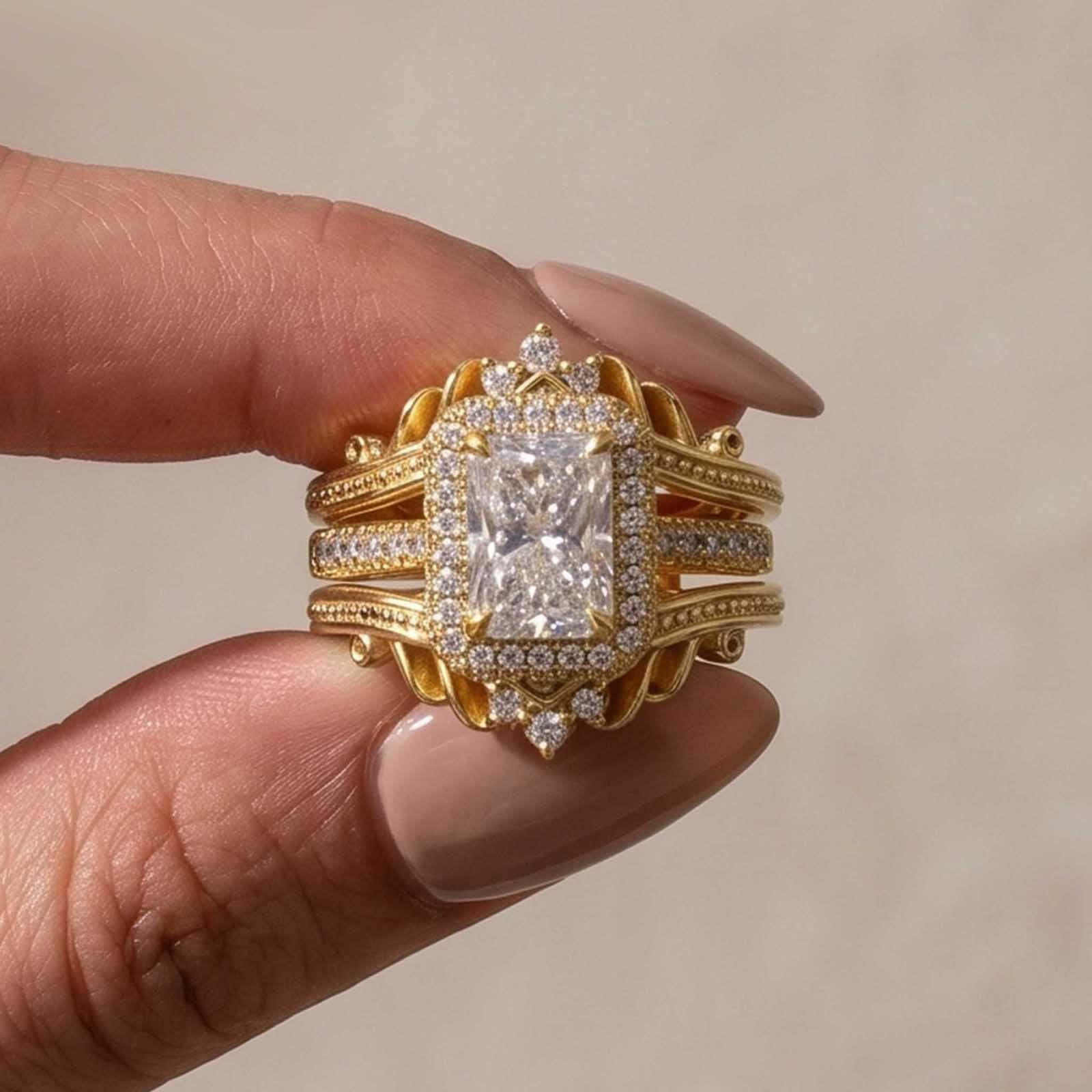 S925 Halo 3.5Ct Radiant Cut Engagement Ring with Vintage Crown Enhancer Band Bridal Ring Set