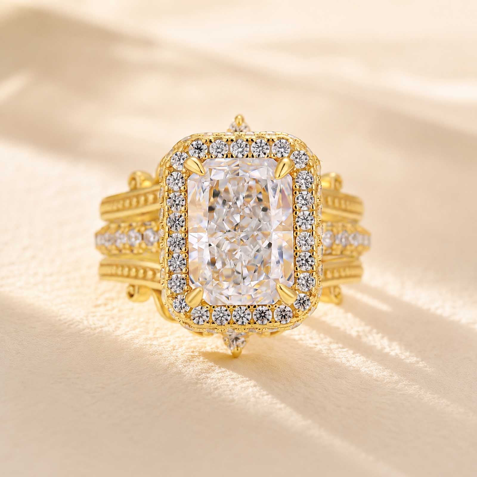 S925 Halo 3.5Ct Radiant Cut Engagement Ring with Vintage Crown Enhancer Band Bridal Ring Set