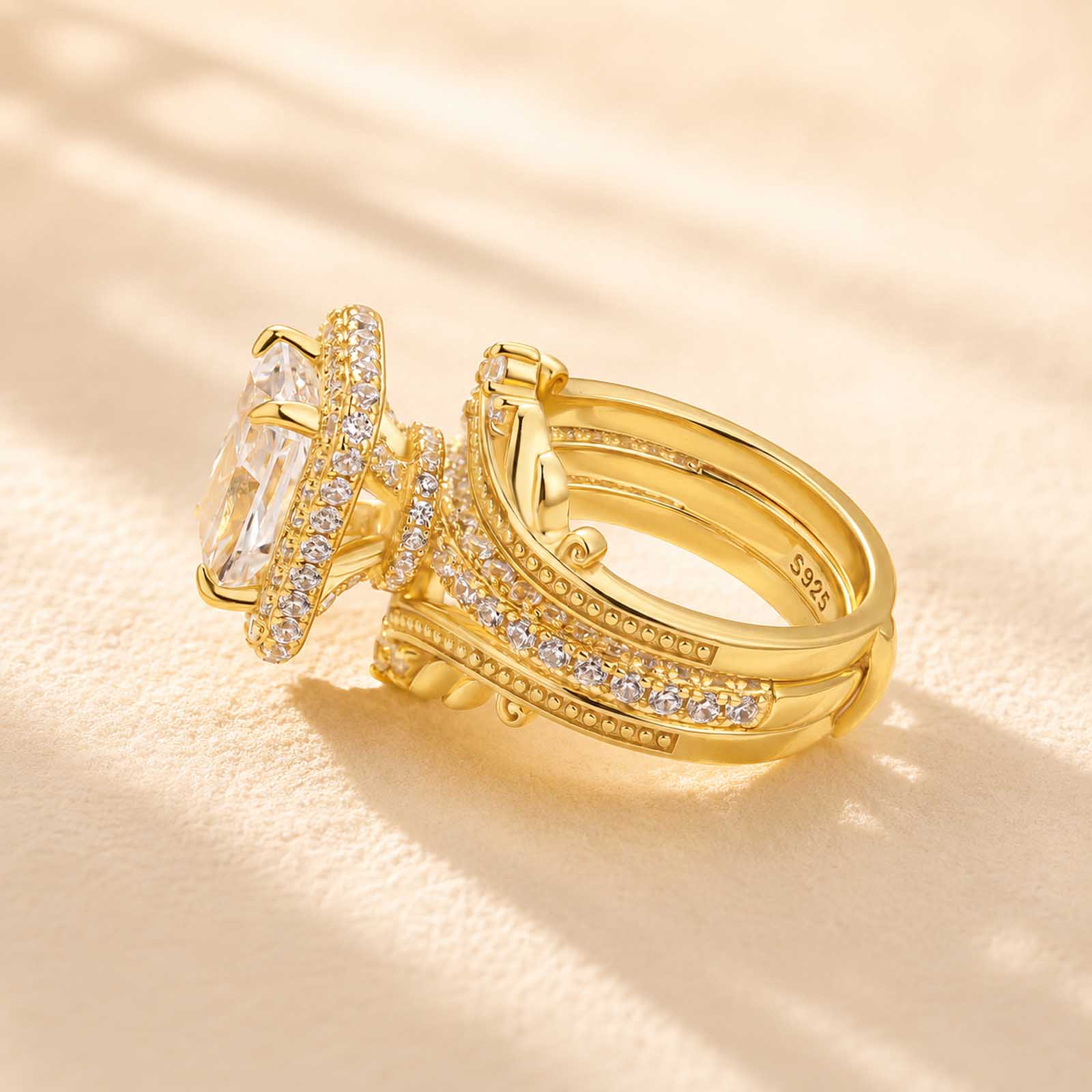 S925 Halo 3.5Ct Radiant Cut Engagement Ring with Vintage Crown Enhancer Band Bridal Ring Set