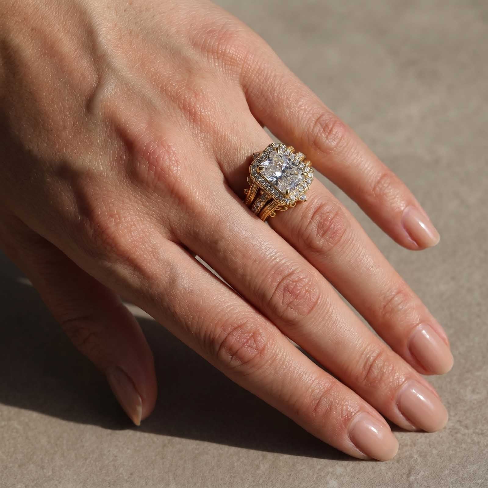 S925 Halo 3.5Ct Radiant Cut Engagement Ring with Vintage Crown Enhancer Band Bridal Ring Set