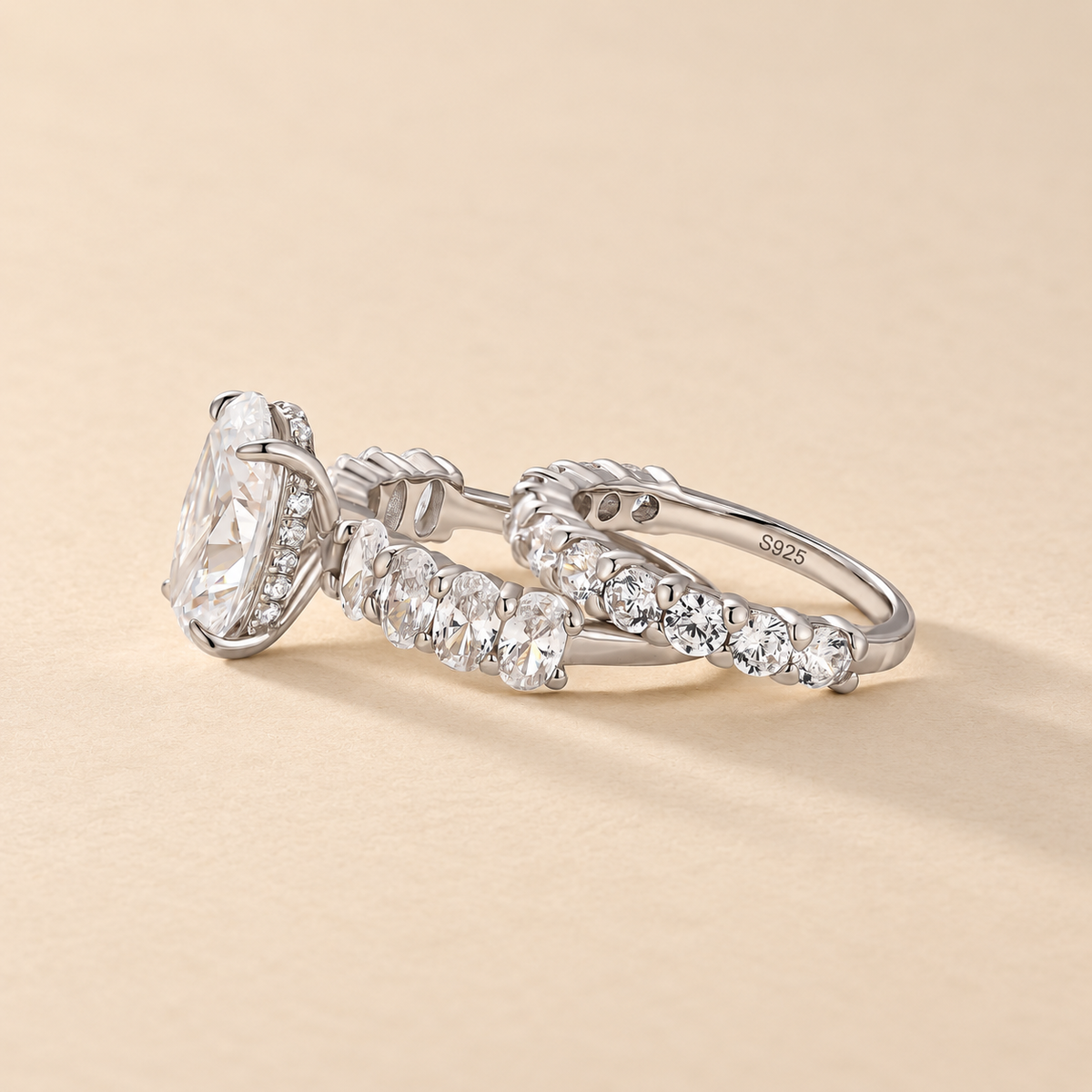 S925 Luxe 4.5Ct Oval Cut Engagement Ring & Half Eternity Band Stackable Ring Sets For Everyday Wear