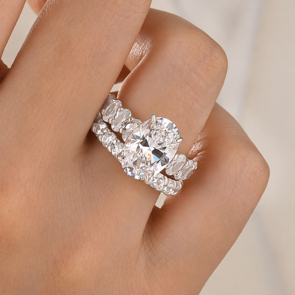 S925 Luxe 4.5Ct Oval Cut Engagement Ring & Half Eternity Band Stackable Ring Sets For Everyday Wear