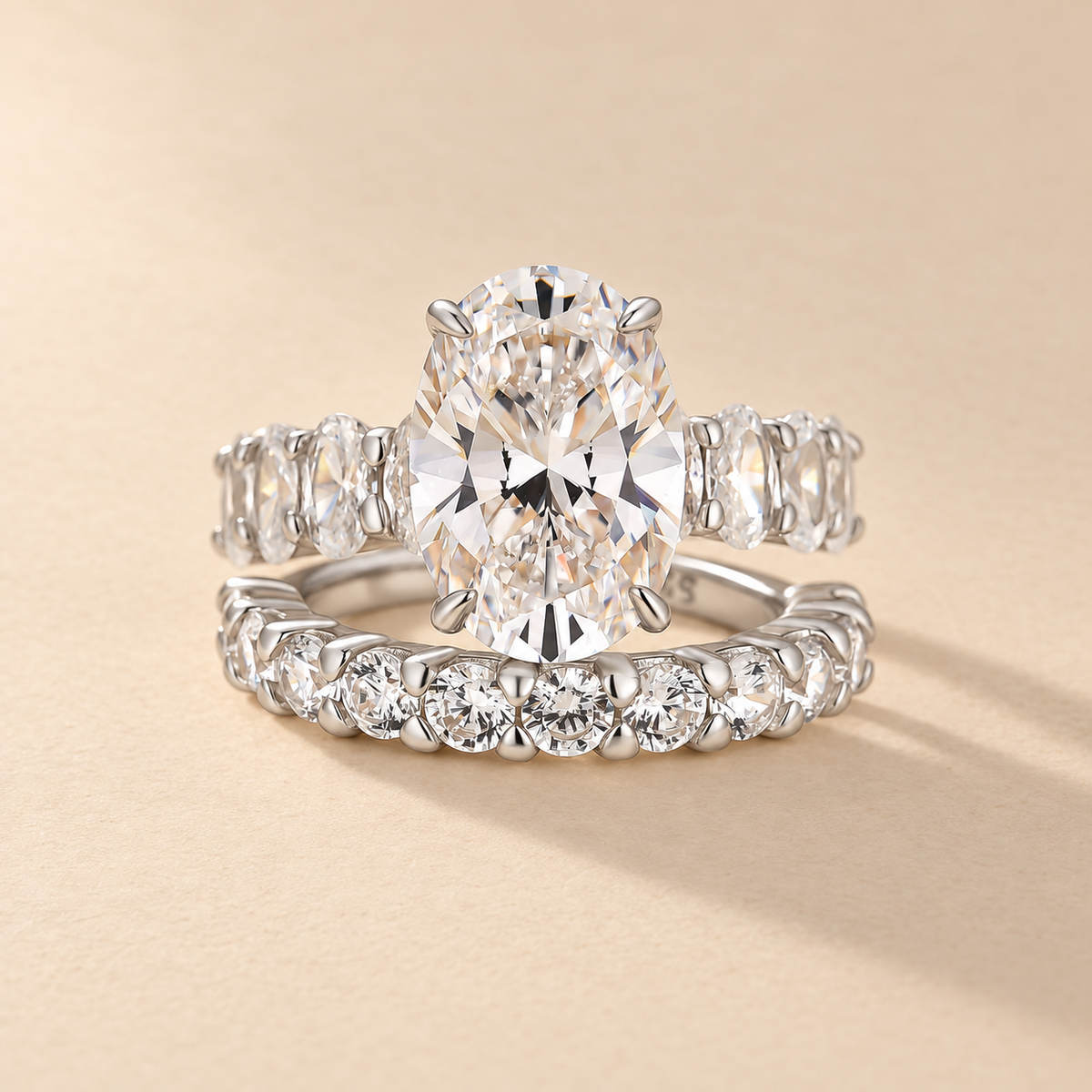 S925 Luxe 4.5Ct Oval Cut Engagement Ring & Half Eternity Band Stackable Ring Sets For Everyday Wear
