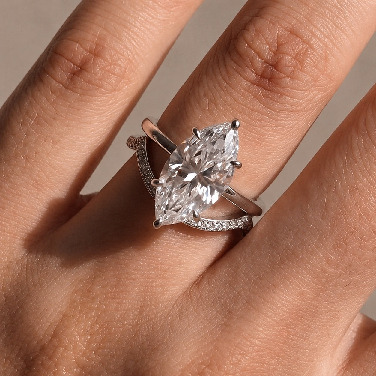 S925 4.0Ct Marquise Cut Hidden Halo Engagement Ring & Curved Wedding Band Bridal Ring Sets