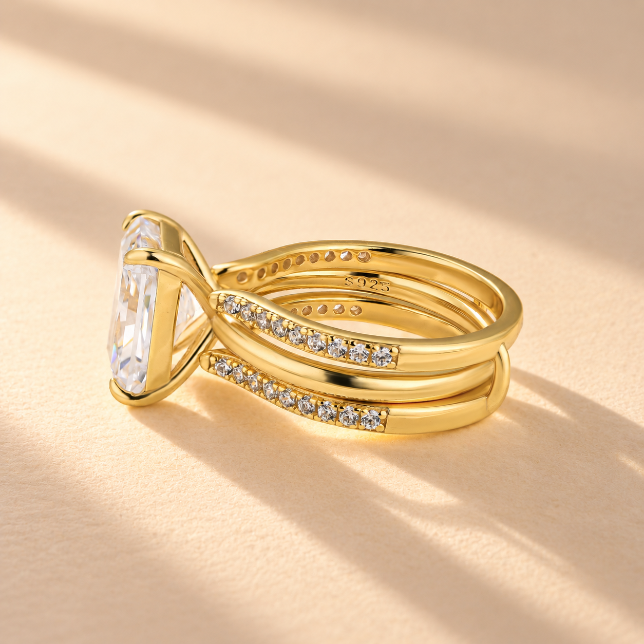 S925 4.5Ct Radiant Cut Solitaire Enhancer Stackable Open Wedding Ring Sets