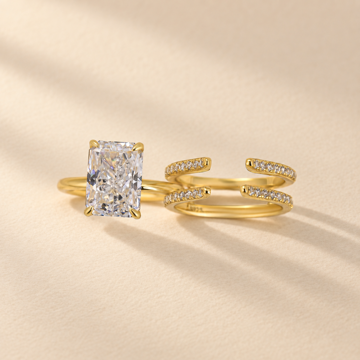 S925 4.5Ct Radiant Cut Solitaire Enhancer Stackable Open Wedding Ring Sets