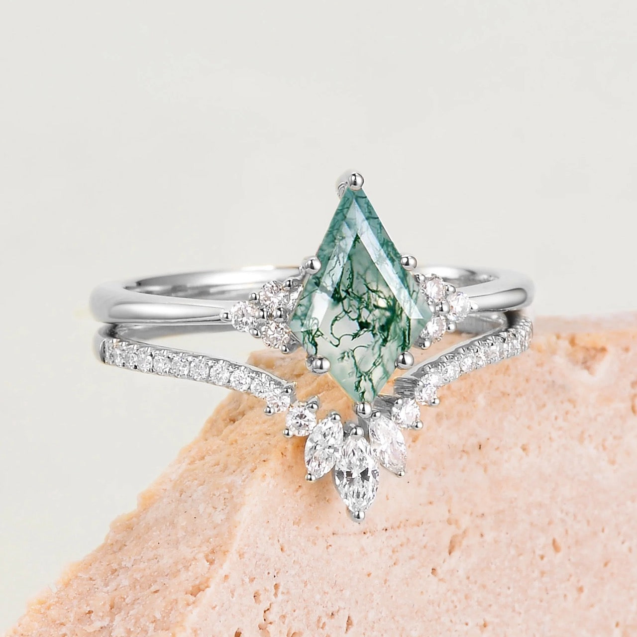 S925 2.0Ct Kite Cut Natural Moss Agate Engagement Ring with Vintage Marquise Cut & Round Cut Crown-Shaped Wedding Band Unique Bridal Sets