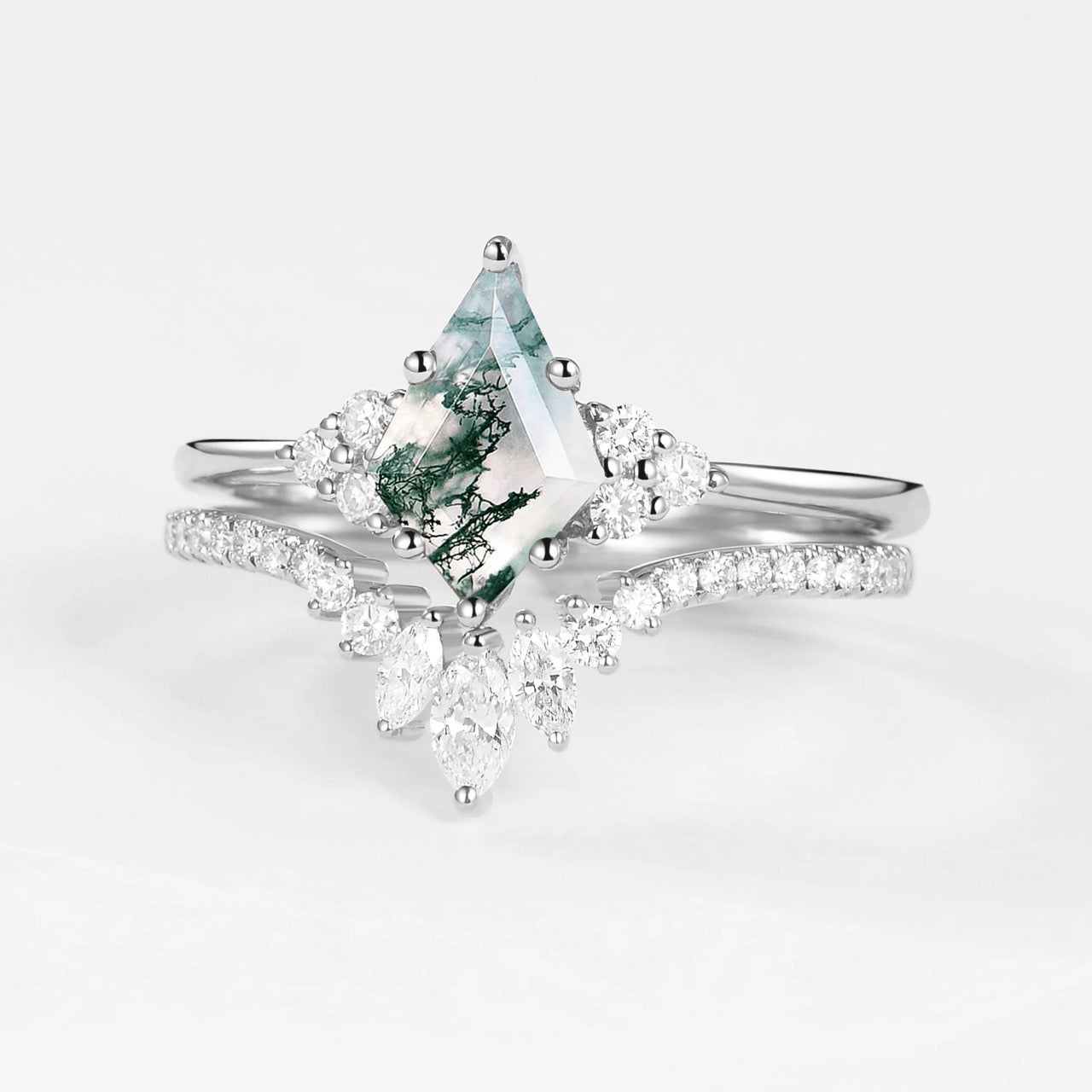 S925 2.0Ct Kite Cut Natural Moss Agate Engagement Ring with Vintage Marquise Cut & Round Cut Crown-Shaped Wedding Band Unique Bridal Sets