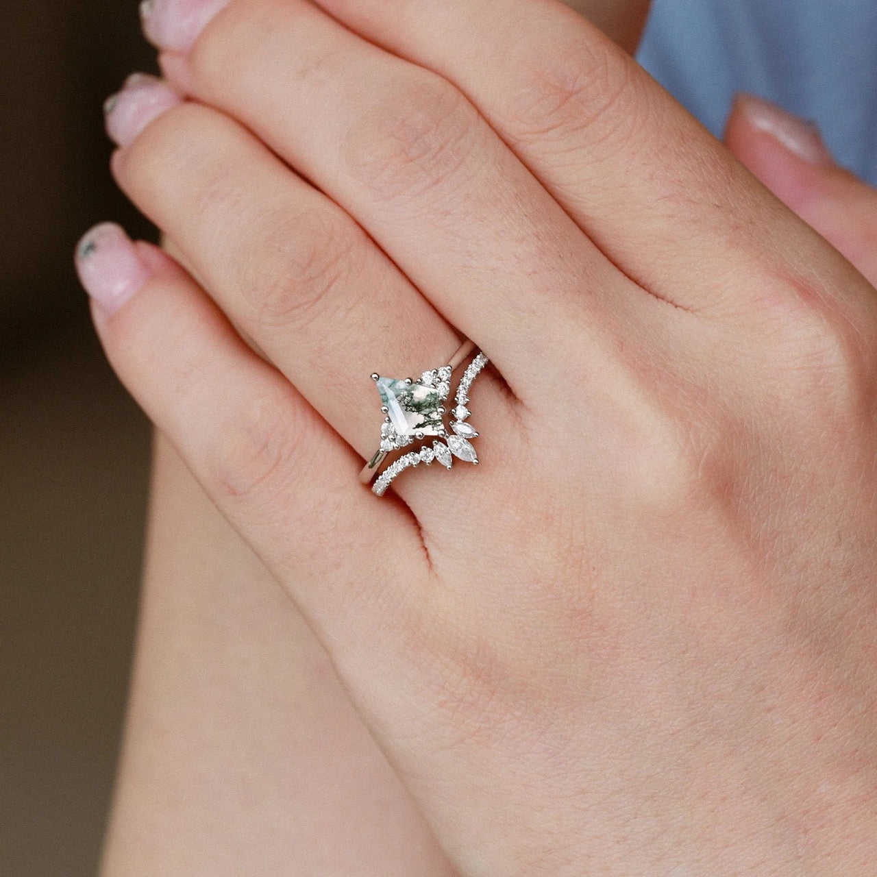 S925 2.0Ct Kite Cut Natural Moss Agate Engagement Ring with Vintage Marquise Cut & Round Cut Crown-Shaped Wedding Band Unique Bridal Sets