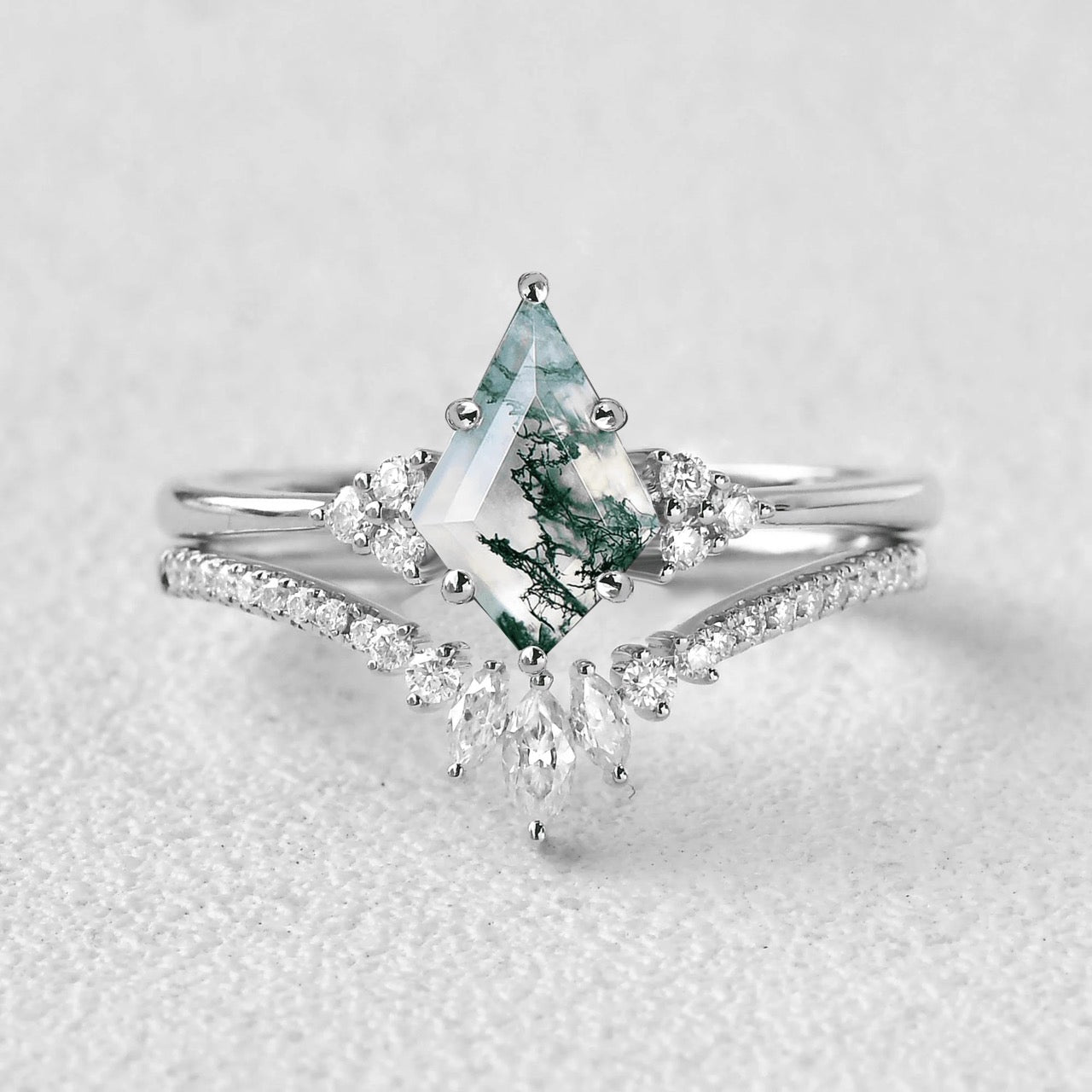 S925 2.0Ct Kite Cut Natural Moss Agate Engagement Ring with Vintage Marquise Cut & Round Cut Crown-Shaped Wedding Band Unique Bridal Sets