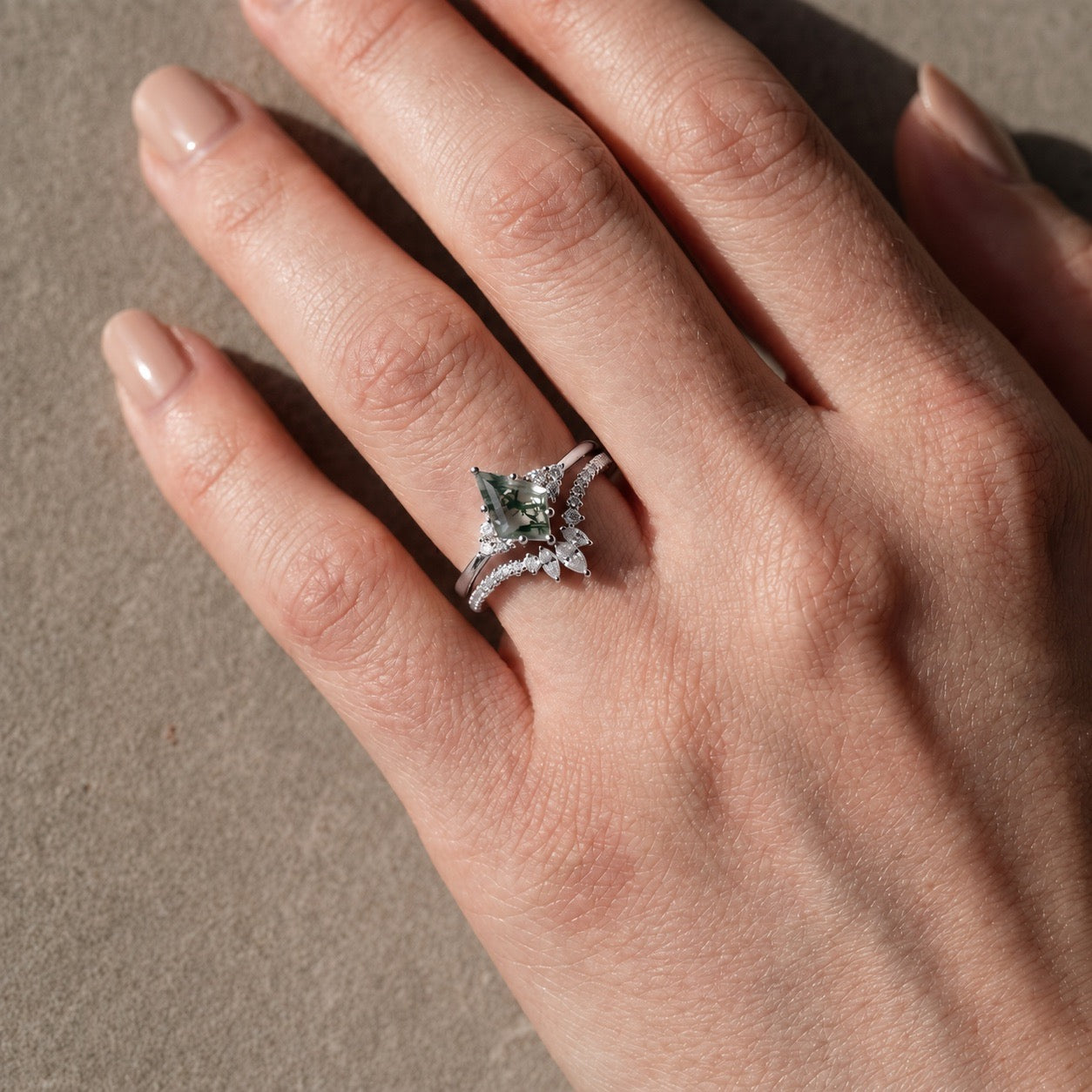 S925 2.0Ct Kite Cut Natural Moss Agate Engagement Ring with Vintage Marquise Cut & Round Cut Crown-Shaped Wedding Band Unique Bridal Sets
