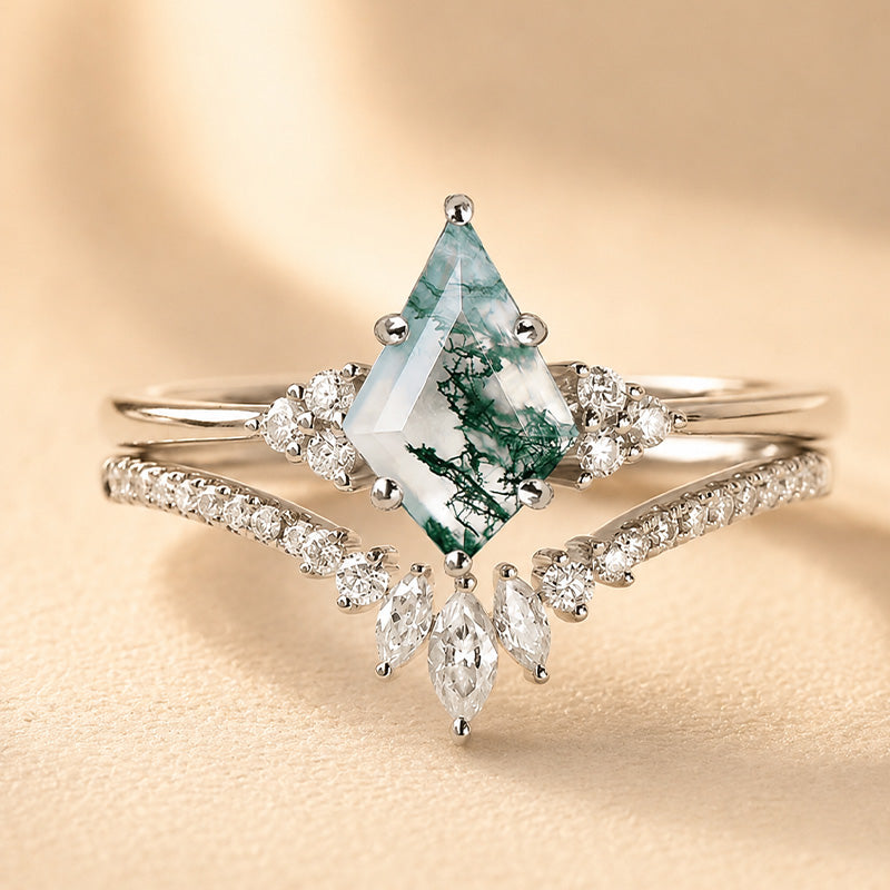 S925 2.0Ct Kite Cut Natural Moss Agate Engagement Ring with Vintage Marquise Cut & Round Cut Crown-Shaped Wedding Band Unique Bridal Sets