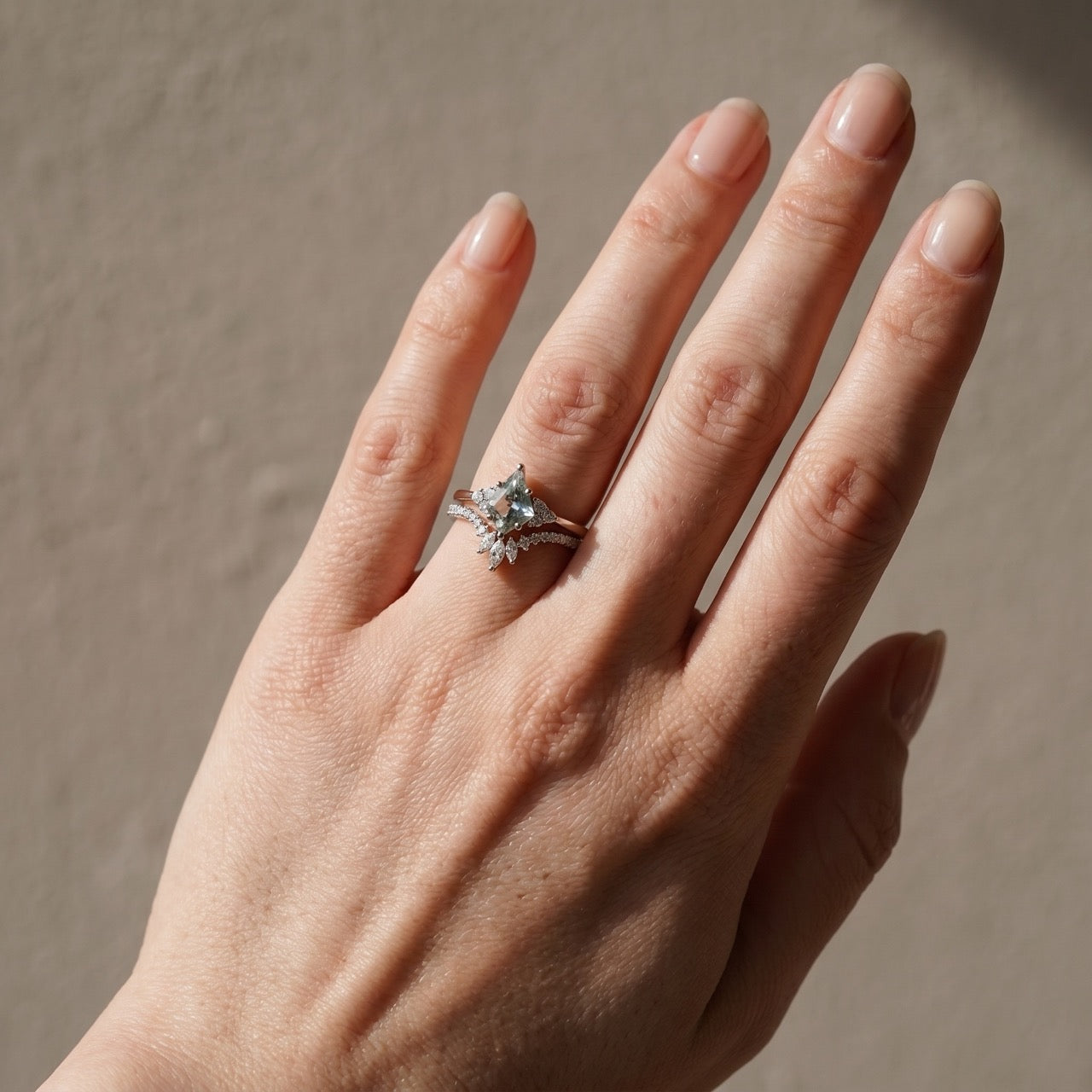 S925 2.0Ct Kite Cut Natural Moss Agate Engagement Ring with Vintage Marquise Cut & Round Cut Crown-Shaped Wedding Band Unique Bridal Sets