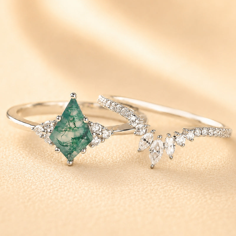 S925 2.0Ct Kite Cut Natural Moss Agate Engagement Ring with Vintage Marquise Cut & Round Cut Crown-Shaped Wedding Band Unique Bridal Sets