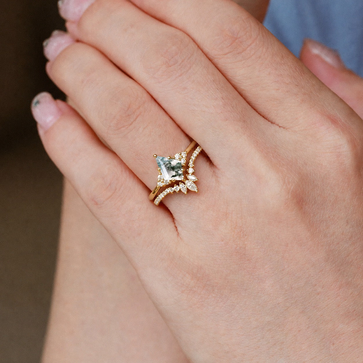 S925 2.0Ct Kite Cut Natural Moss Agate Engagement Ring with Vintage Marquise Cut & Round Cut Crown-Shaped Wedding Band Unique Bridal Sets