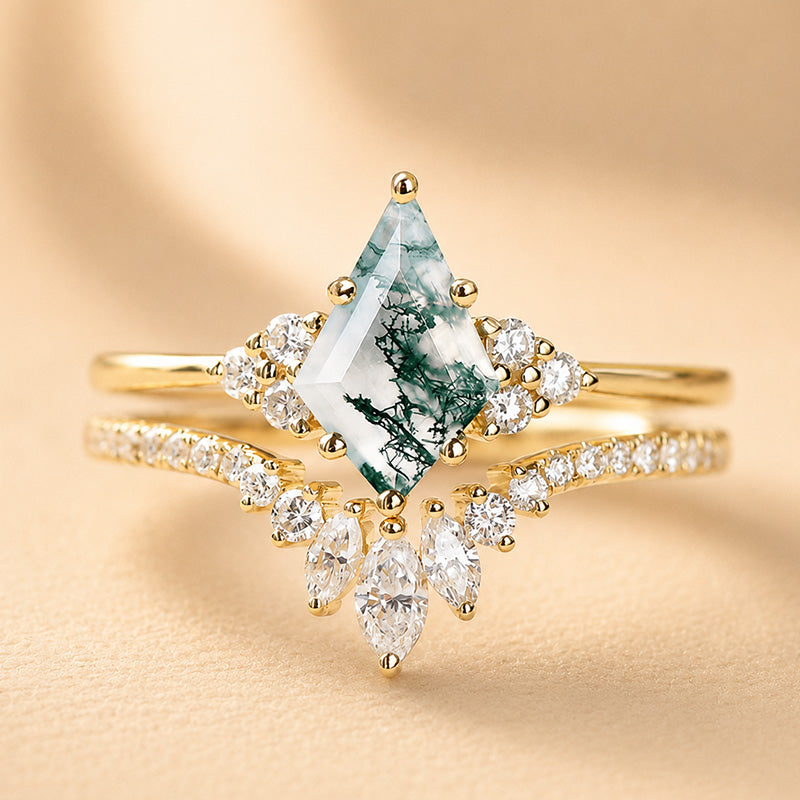 S925 2.0Ct Kite Cut Natural Moss Agate Engagement Ring with Vintage Marquise Cut & Round Cut Crown-Shaped Wedding Band Unique Bridal Sets