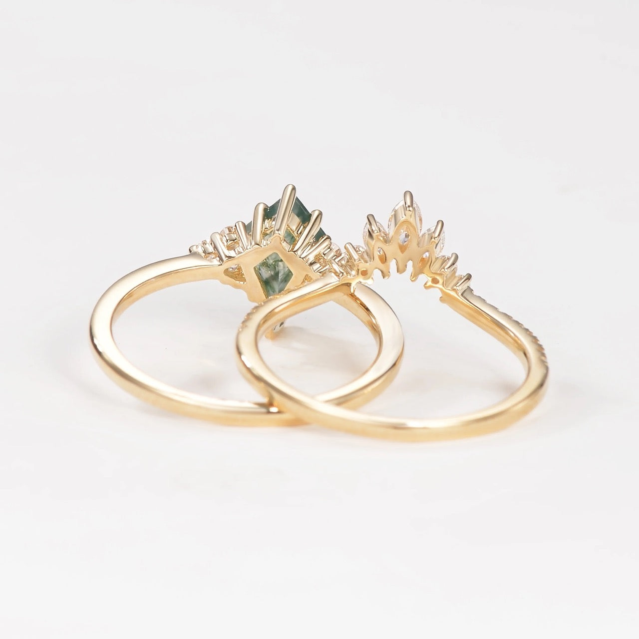 S925 2.0Ct Kite Cut Natural Moss Agate Engagement Ring with Vintage Marquise Cut & Round Cut Crown-Shaped Wedding Band Unique Bridal Sets