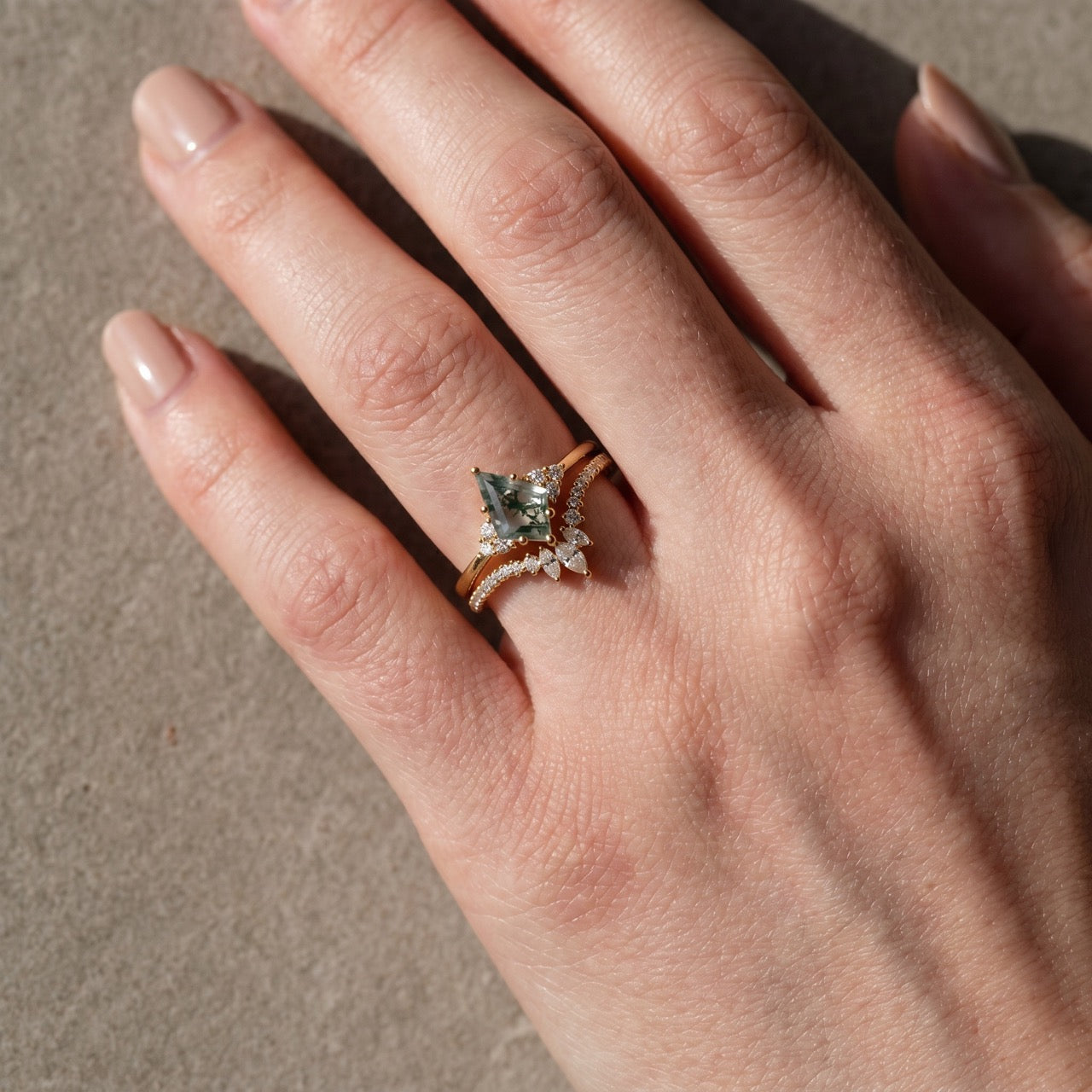 S925 2.0Ct Kite Cut Natural Moss Agate Engagement Ring with Vintage Marquise Cut & Round Cut Crown-Shaped Wedding Band Unique Bridal Sets