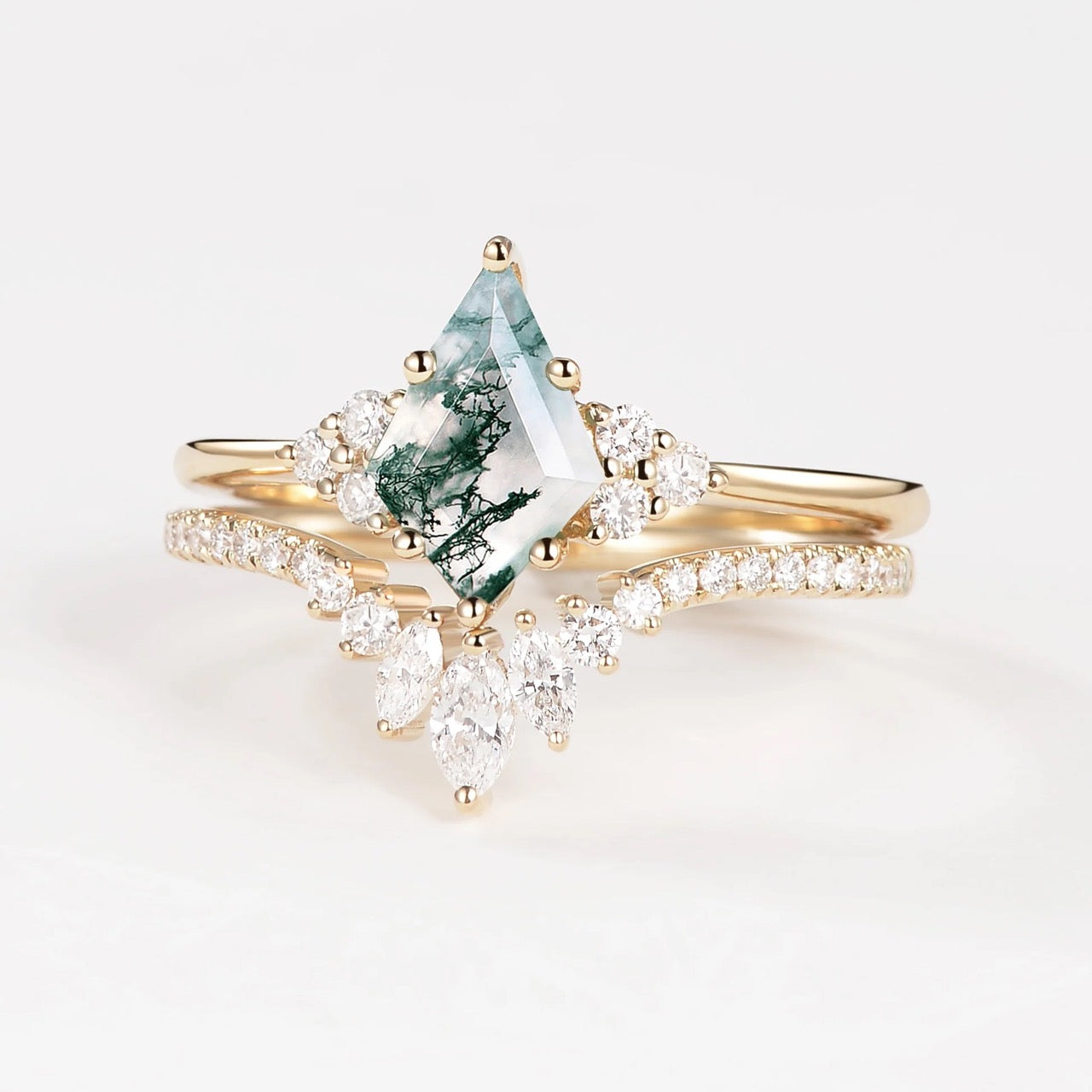 S925 2.0Ct Kite Cut Natural Moss Agate Engagement Ring with Vintage Marquise Cut & Round Cut Crown-Shaped Wedding Band Unique Bridal Sets