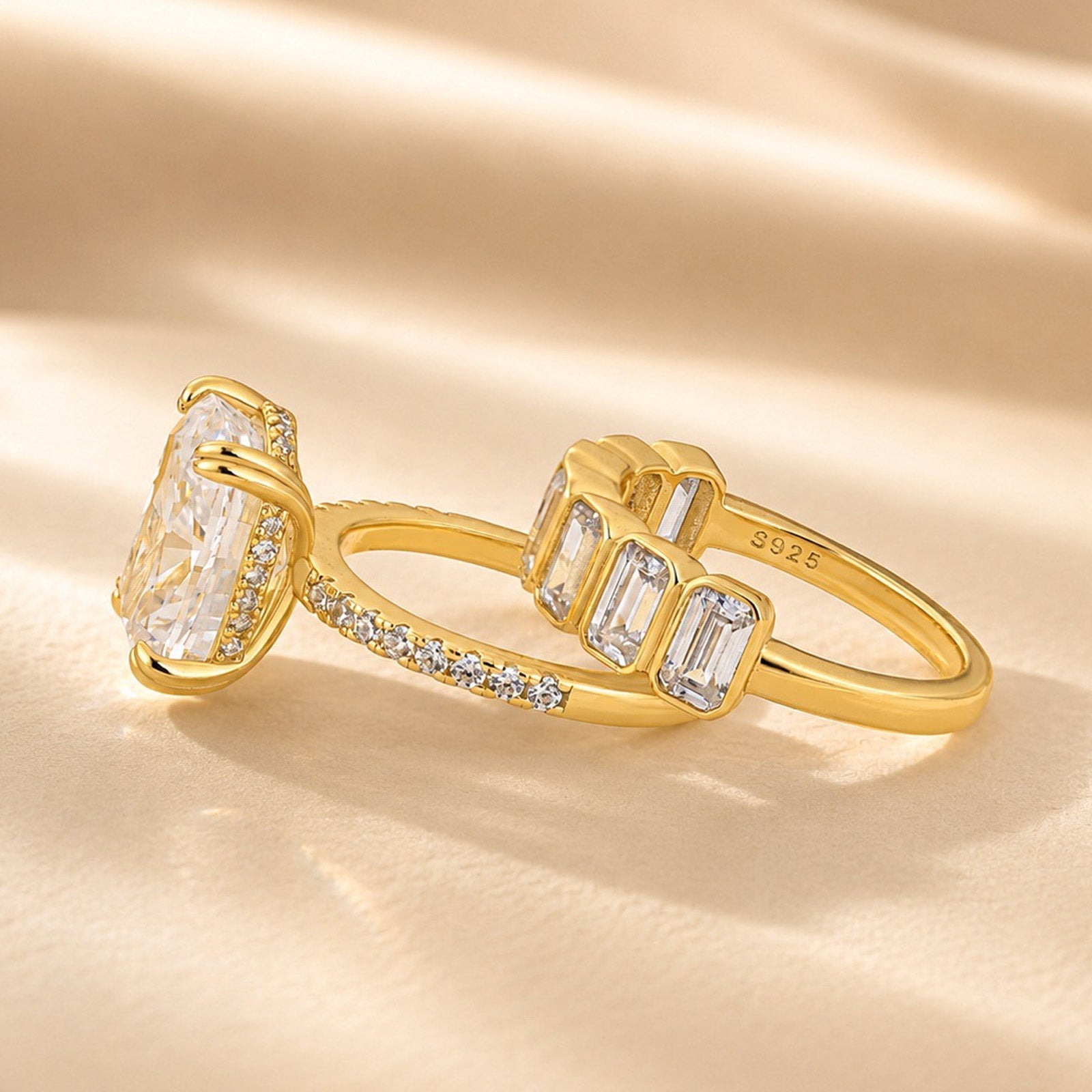 S925 5.5Ct Cushion Cut Engagement Ring & 2.8Ct Emerald Cut Half Eternity Wedding Band Stackable Ring Set