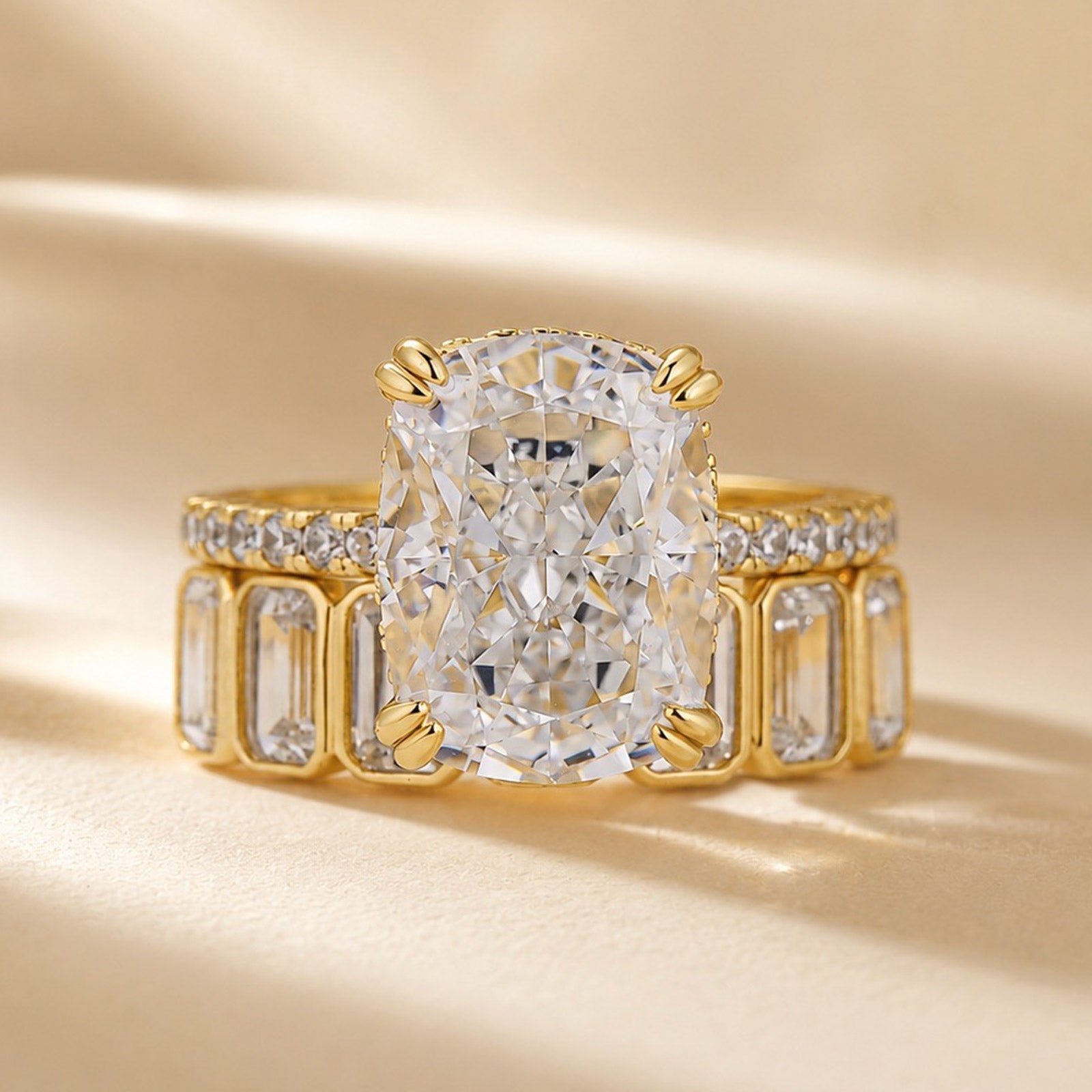 S925 5.5Ct Cushion Cut Engagement Ring & 2.8Ct Emerald Cut Half Eternity Wedding Band Stackable Ring Set