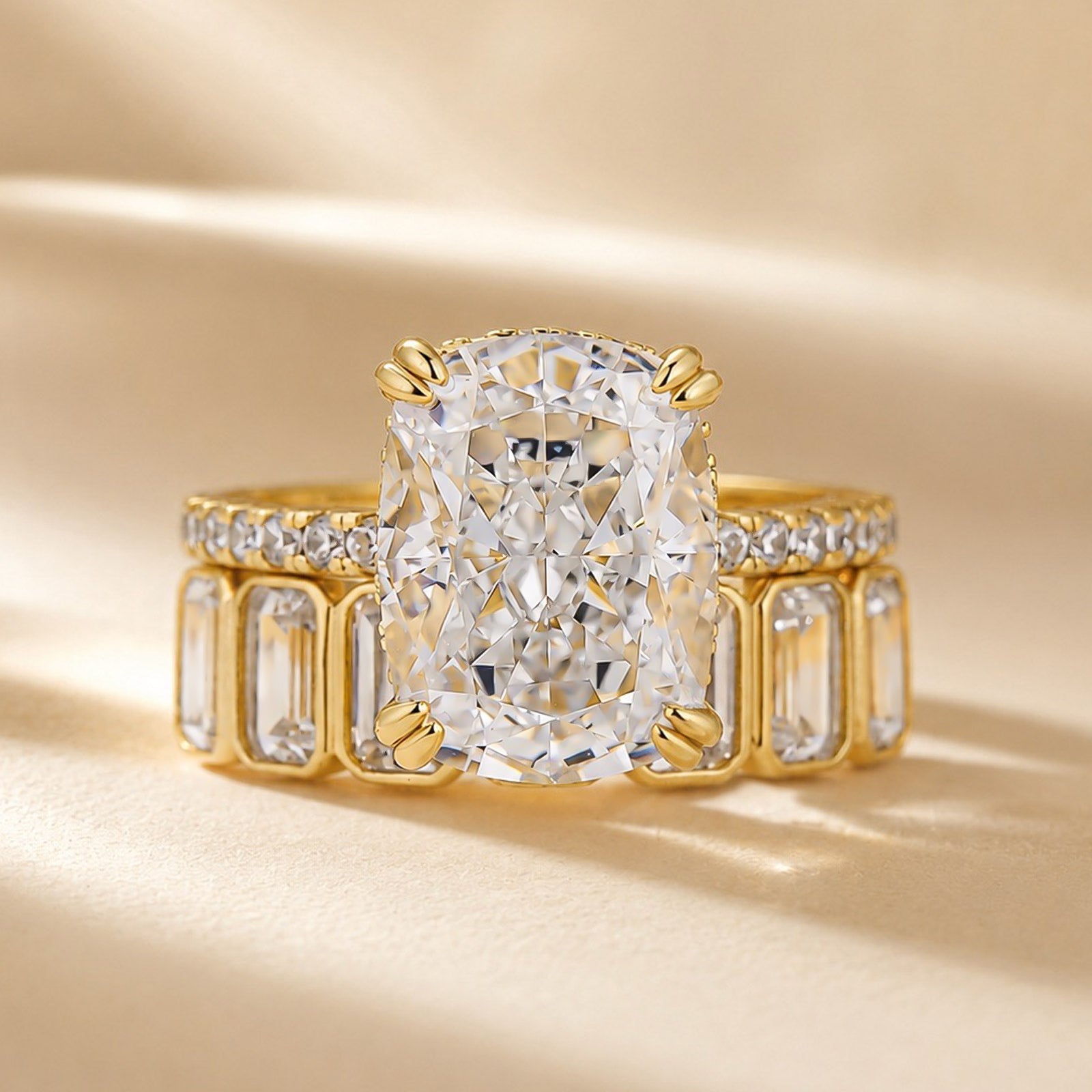 S925 5.5Ct Cushion Cut Engagement Ring & 2.8Ct Emerald Cut Half Eternity Wedding Band Stackable Ring Set