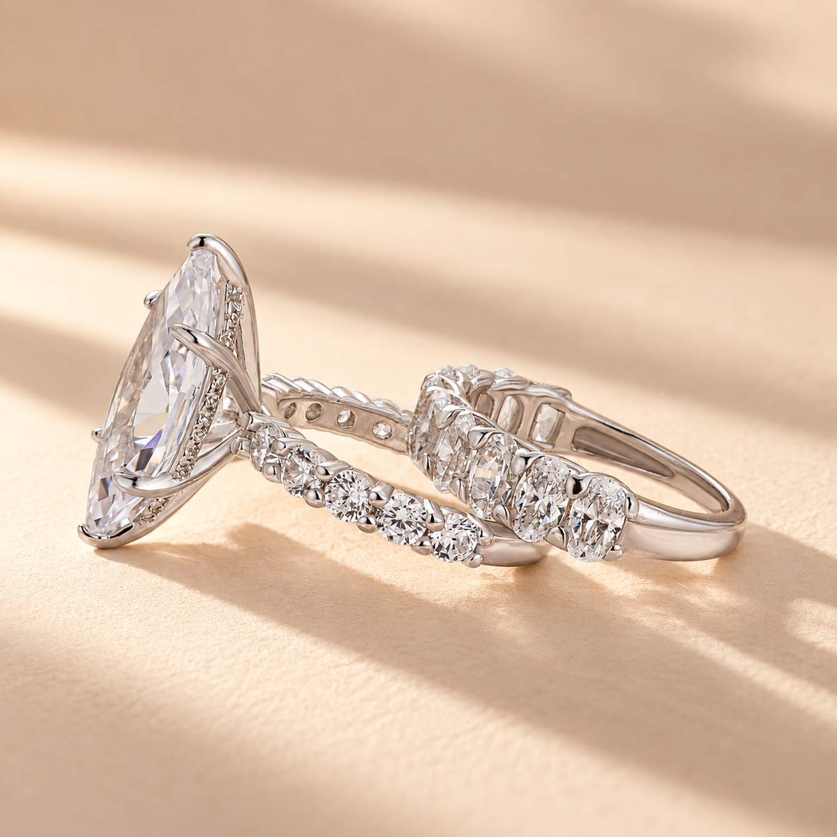 S925 2PC Hidden Halo 6.0Ct Marquise Cut Ring & 3.0Ct Half Eternity Band Stackable Statement Ring Sets