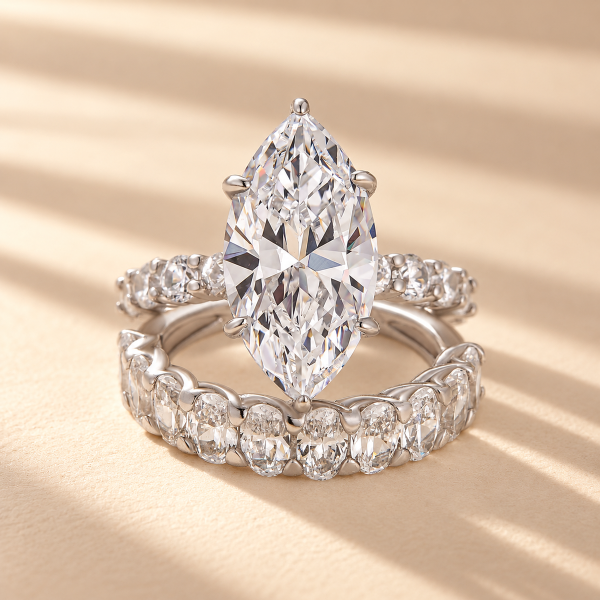 S925 2PC Hidden Halo 6.0Ct Marquise Cut Ring & 3.0Ct Half Eternity Band Stackable Statement Ring Sets