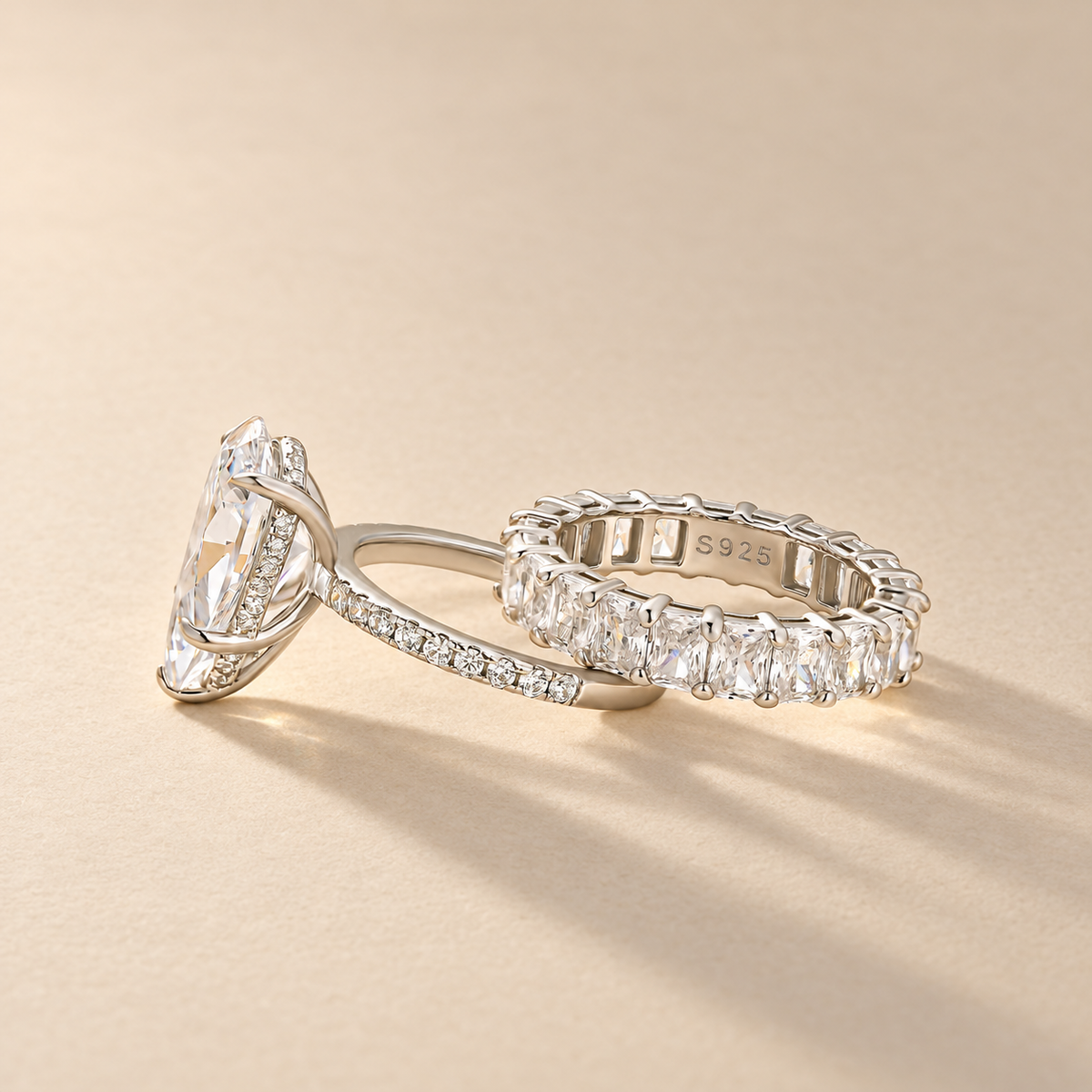 S925 4.5Ct Hidden Halo Pear Cut Ring & 3.5Ct Radiant Cut Band Stackable Ring Sets