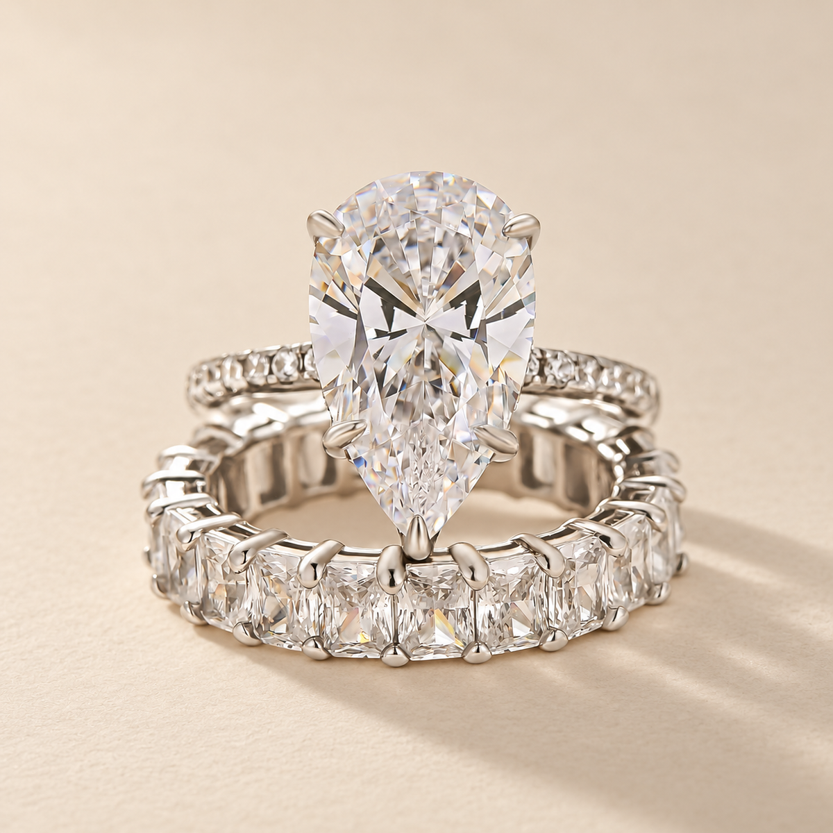 S925 4.5Ct Hidden Halo Pear Cut Ring & 3.5Ct Radiant Cut Band Stackable Ring Sets