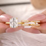 S925 4.0 Ct Cushion Cut Hidden Halo Engagement Ring with Open Enhancer Wedding Band