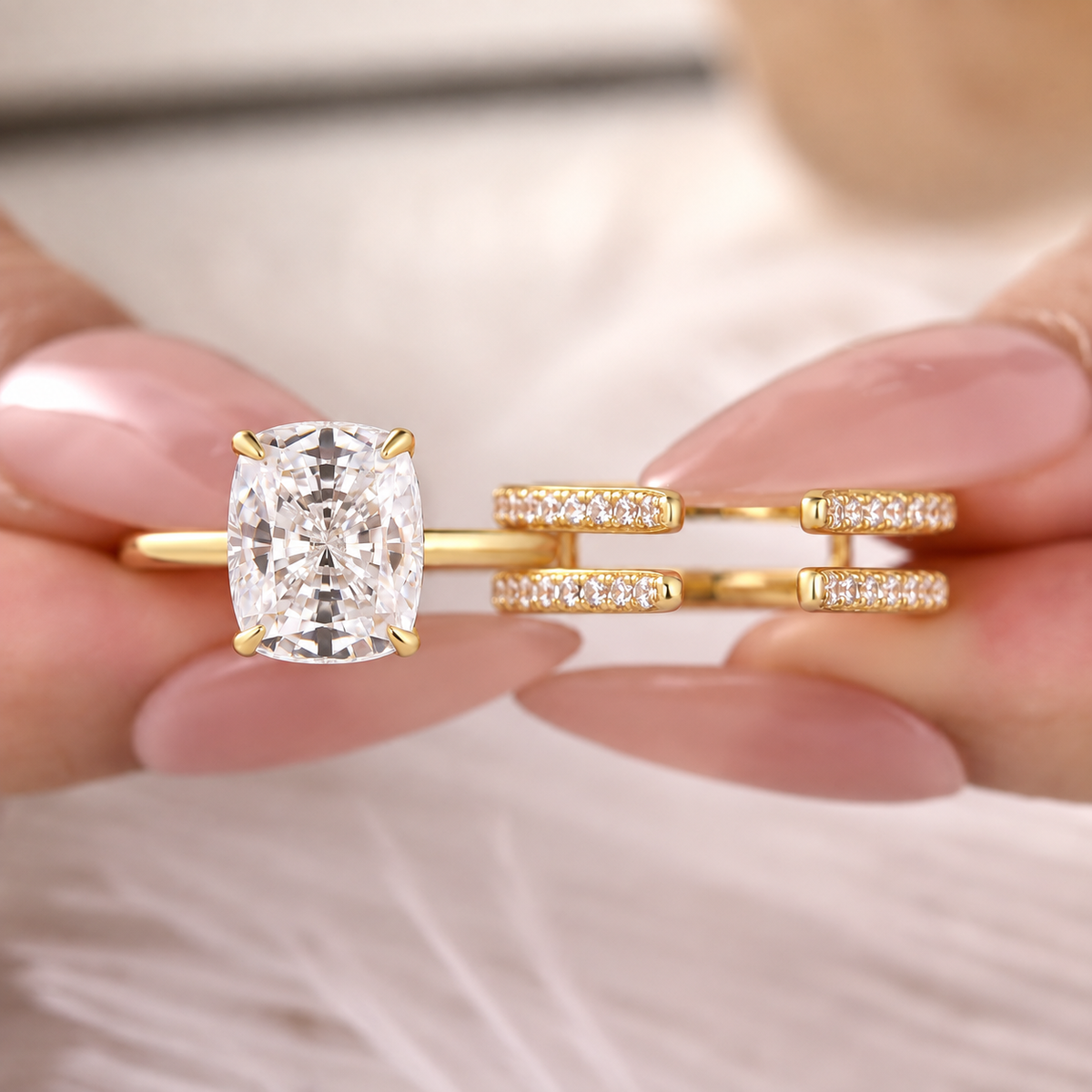 S925 4.0 Ct Cushion Cut Hidden Halo Engagement Ring with Open Enhancer Wedding Band