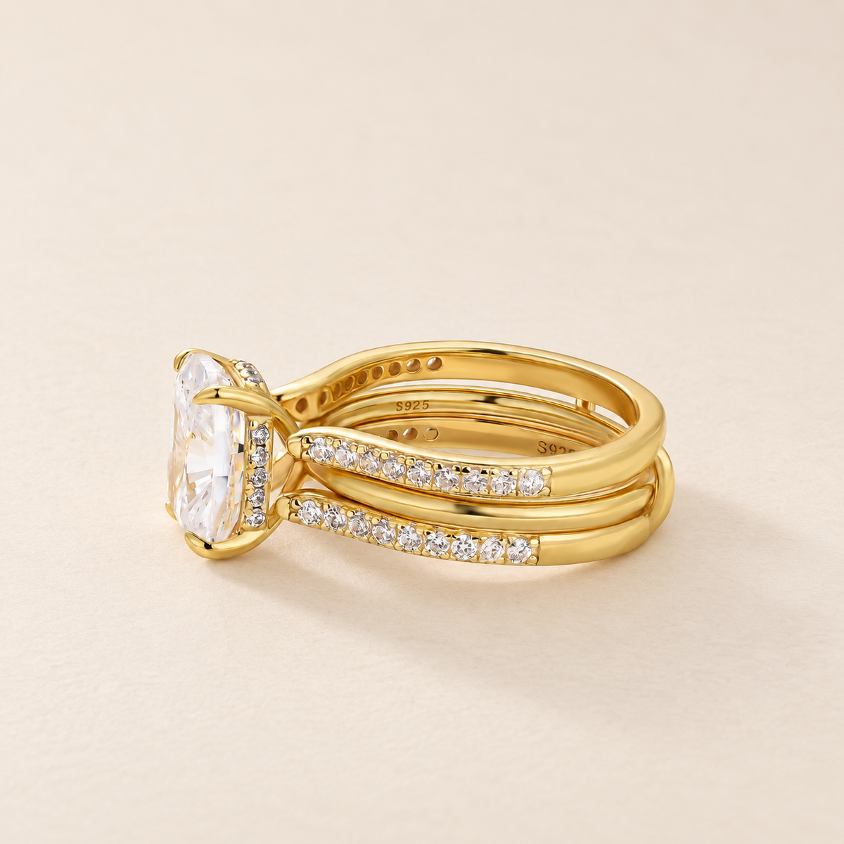 S925 4.0 Ct Cushion Cut Hidden Halo Engagement Ring with Open Enhancer Wedding Band