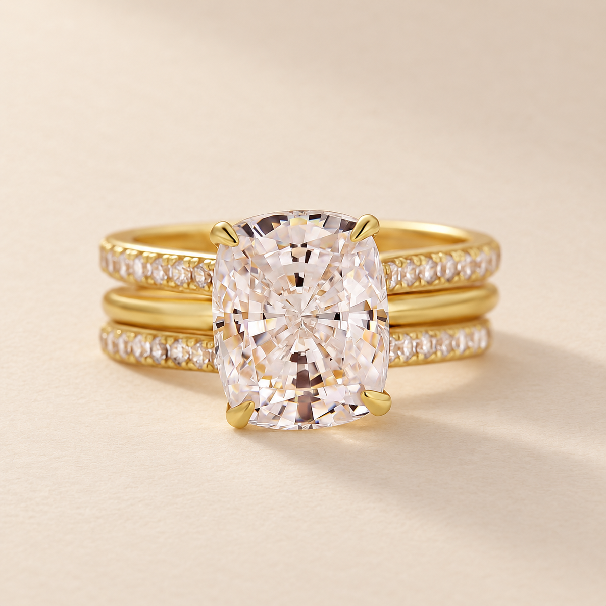 S925 4.0 Ct Cushion Cut Hidden Halo Engagement Ring with Open Enhancer Wedding Band