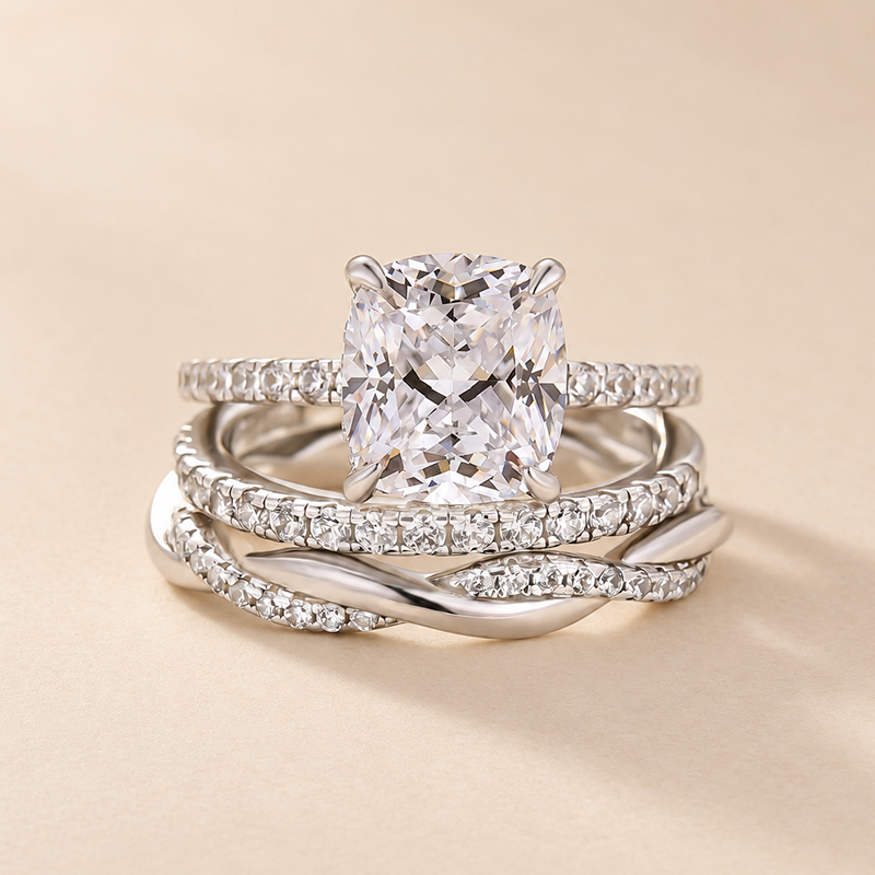 S925 3PC Hidden Halo 3.0Ct Cushion Cut Twist Statement Wedding Ring Sets