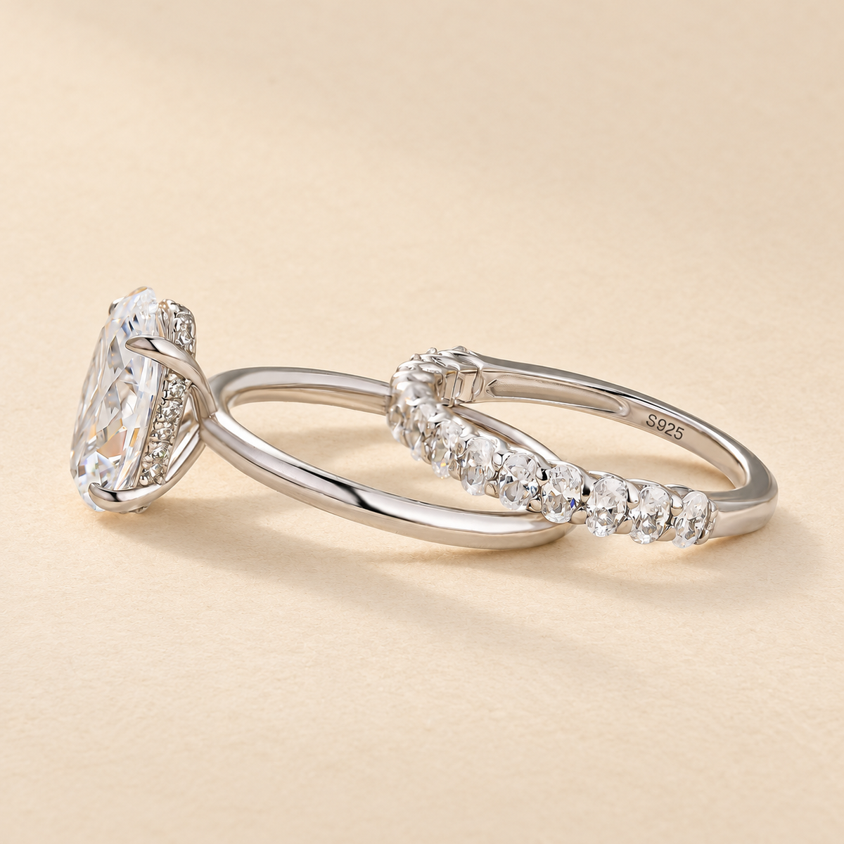 4.0Ct Oval Cut Hidden Halo 2PC 18K White Gold Plated Wedding Ring Sets