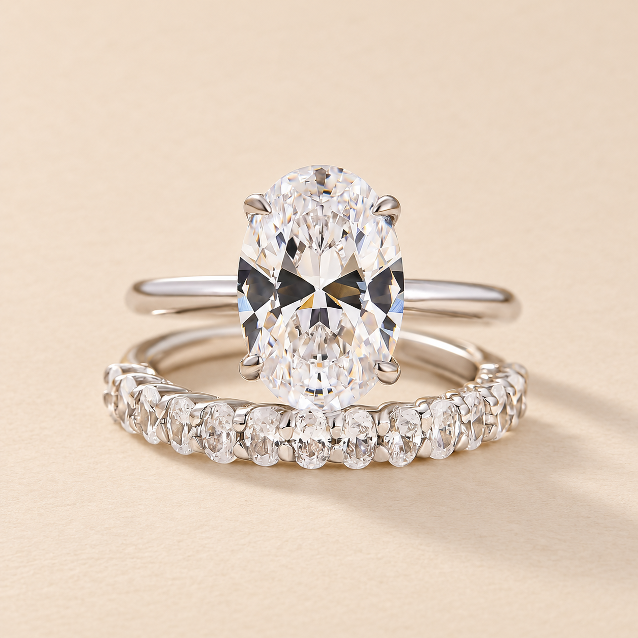 4.0Ct Oval Cut Hidden Halo 2PC 18K White Gold Plated Wedding Ring Sets