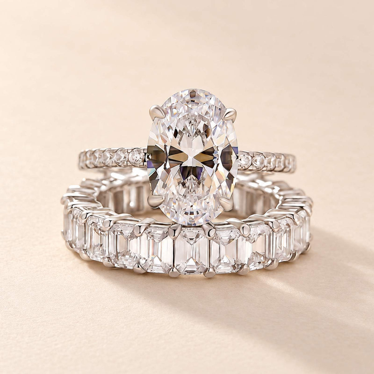 S925 2PC Hidden Halo 4.0Ct Oval Cut Ring & 3.5Ct Emerald Cut Band Stackable Statement Ring Sets