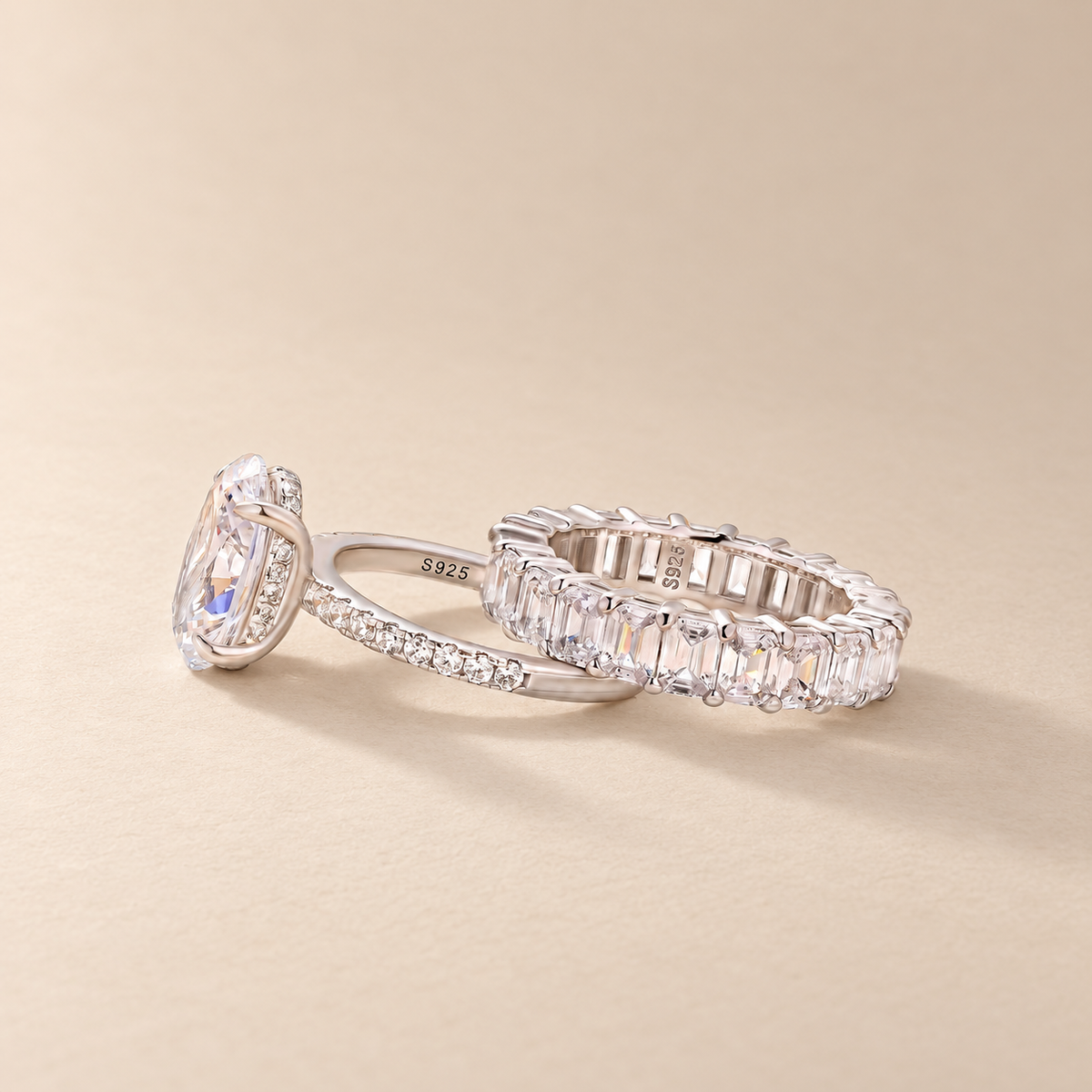 S925 2PC Hidden Halo 4.0Ct Oval Cut Ring & 3.5Ct Emerald Cut Band Stackable Statement Ring Sets