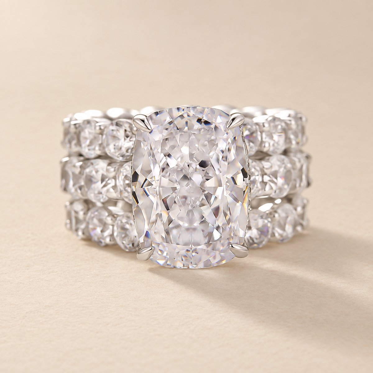 S925 3PC Luxe 9.0Ct Cushion Cut Engagement Ring with Round Cut Eternity Wedding Bands