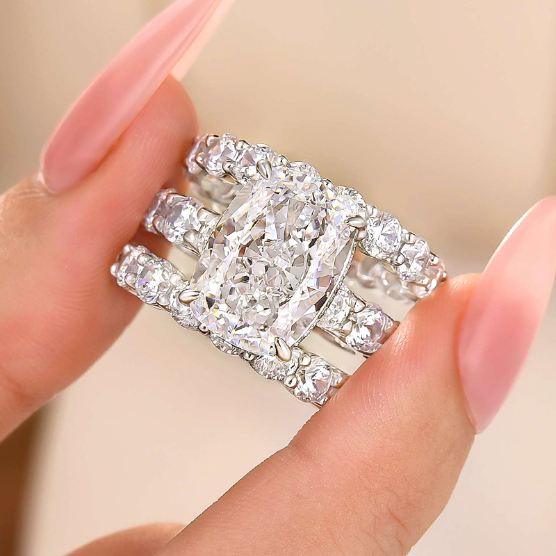 S925 3PC Luxe 9.0Ct Cushion Cut Engagement Ring with Round Cut Eternity Wedding Bands
