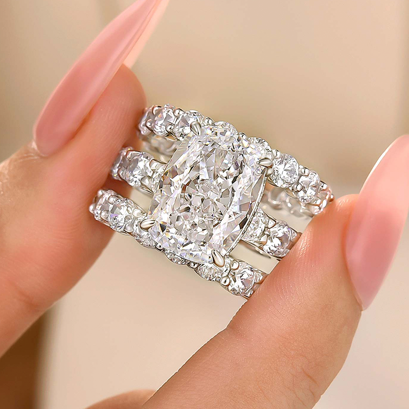 S925 3PC Luxe 9.0Ct Cushion Cut Engagement Ring with Round Cut Eternity Wedding Bands