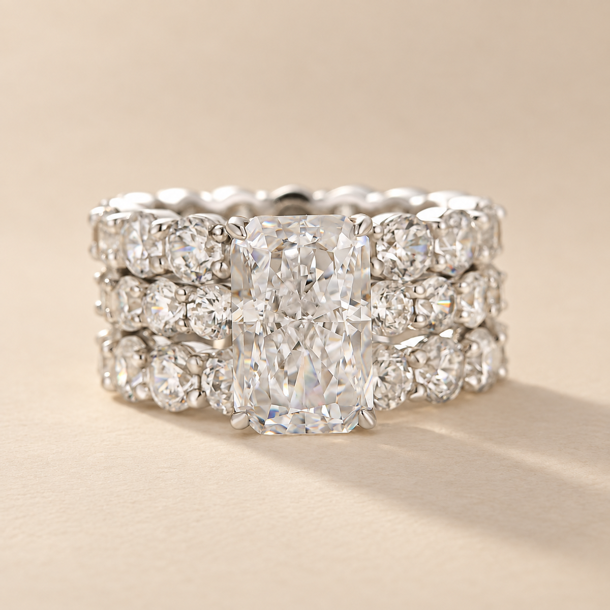 S925 3PC 4.0Ct Radiant Cut Engagement Ring & Round Cut Eternity Wedding Bands