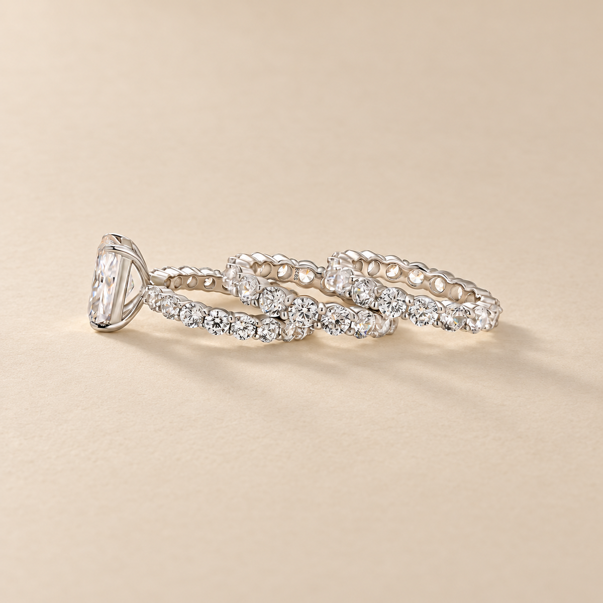 S925 3PC 4.0Ct Radiant Cut Engagement Ring & Round Cut Eternity Wedding Bands