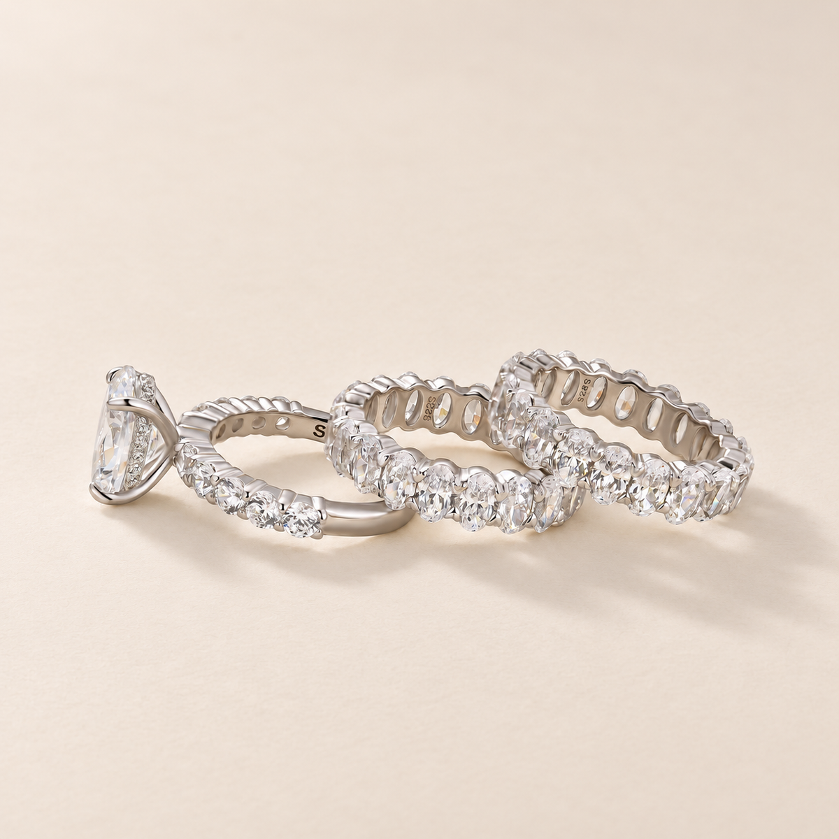 S925 3PC 4.0Ct Oval Cut Ring with Full Eternity Oval Cut Band Statement Ring Sets