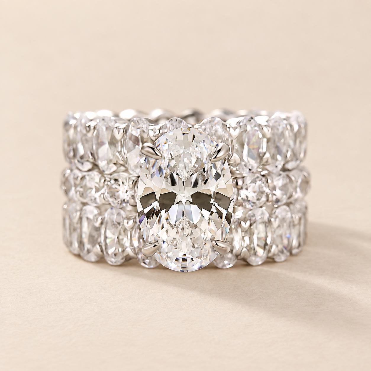 S925 3PC 4.0Ct Oval Cut Ring with Full Eternity Oval Cut Band Statement Ring Sets