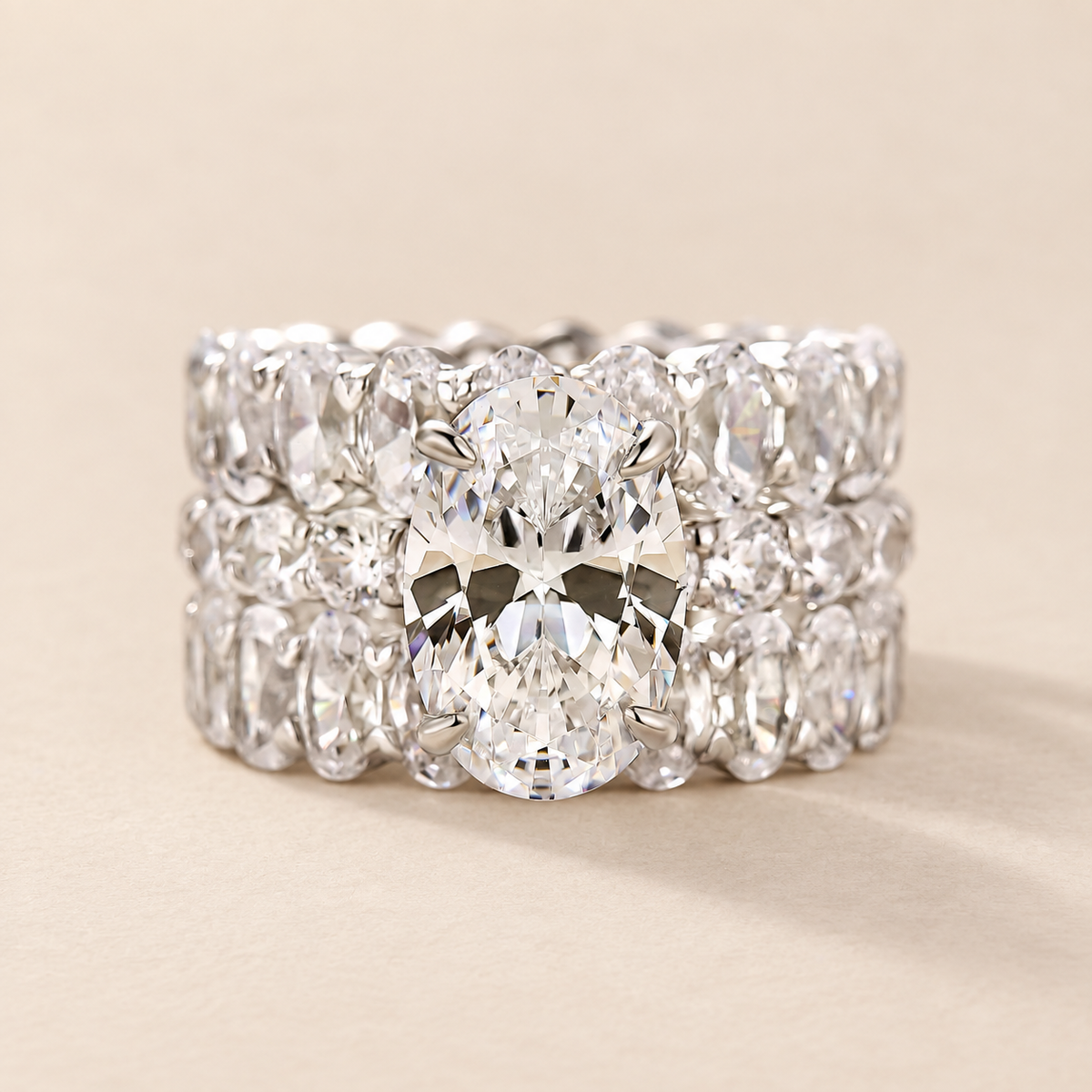 S925 3PC 4.0Ct Oval Cut Ring with Full Eternity Oval Cut Band Statement Ring Sets