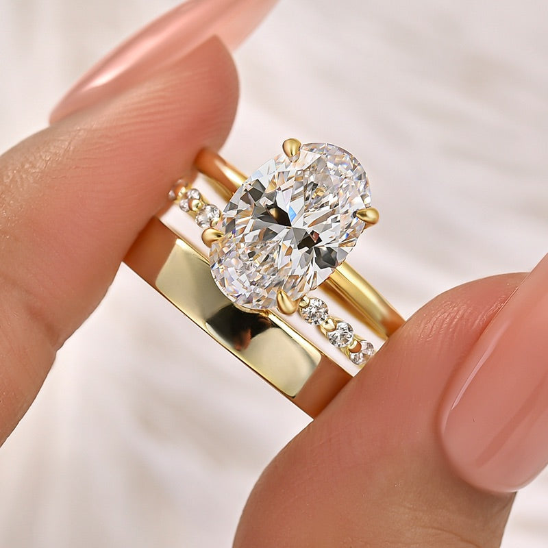 S925 3PC 4.0Ct Oval Cut Hidden Halo Engagement Ring with Round Cut Full Eternity & Wide Wedding Bands